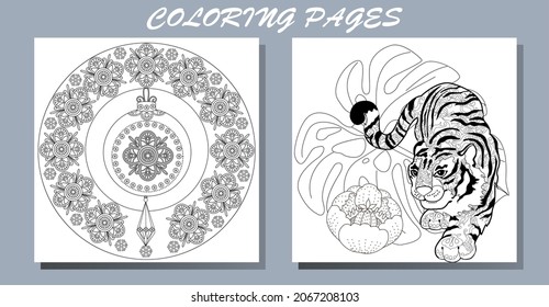 Coloring Pages. Doodle style new year coloring book. Happy new year 2022. Year of the tiger.  Antistress freehand sketch drawing with doodle and zentangle elements.