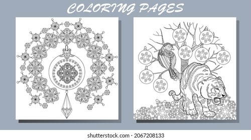 Coloring Pages. Doodle style new year coloring book. Happy new year 2022. Year of the tiger.  Antistress freehand sketch drawing with doodle and zentangle elements.