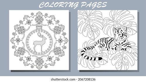 Coloring Pages. Doodle style new year coloring book. Happy new year 2022. Year of the tiger.  Antistress freehand sketch drawing with doodle and zentangle elements.