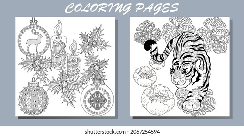 Coloring Pages. Doodle style new year coloring book. Happy new year 2022. Year of the tiger.  Antistress freehand sketch drawing with doodle and zentangle elements.