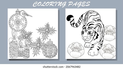 Coloring Pages. Doodle style new year coloring book. Happy new year 2022. Year of the tiger.  Antistress freehand sketch drawing with doodle and zentangle elements.