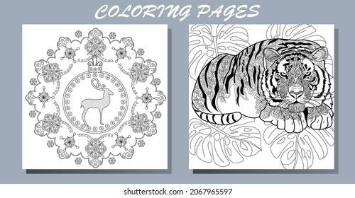 Coloring Pages. Doodle style new year coloring book. Happy new year 2022. Year of the tiger.  Antistress freehand sketch drawing with doodle and zentangle elements.