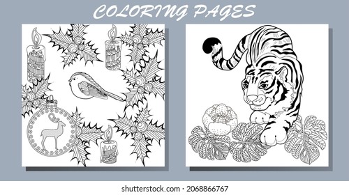 Coloring Pages. Doodle style new year coloring book. Happy new year 2022. Year of the tiger.  Antistress freehand sketch drawing with doodle and zentangle elements.