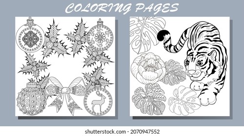 Coloring Pages. Doodle style new year coloring book. Happy new year 2022. Year of the tiger.  Antistress freehand sketch drawing with doodle and zentangle elements.