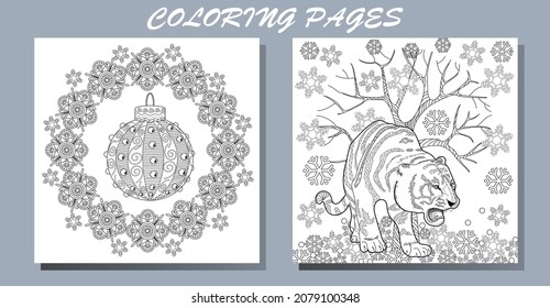 Coloring Pages. Doodle style new year coloring book. Happy new year 2022. Year of the tiger.  Antistress freehand sketch drawing with doodle and zentangle elements.