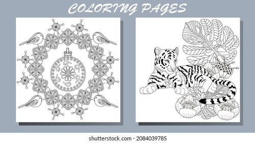 Coloring Pages. Doodle style new year coloring book. Happy new year 2022. Year of the tiger.  Antistress freehand sketch drawing with doodle and zentangle elements.