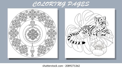 Coloring Pages. Doodle style new year coloring book. Happy new year 2022. Year of the tiger.  Antistress freehand sketch drawing with doodle and zentangle elements.