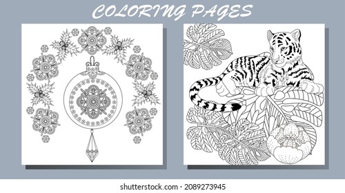 Coloring Pages. Doodle style new year coloring book. Happy new year 2022. Year of the tiger.  Antistress freehand sketch drawing with doodle and zentangle elements.