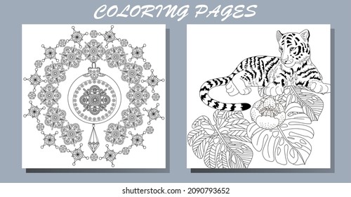 Coloring Pages. Doodle style new year coloring book. Happy new year 2022. Year of the tiger.  Antistress freehand sketch drawing with doodle and zentangle elements.