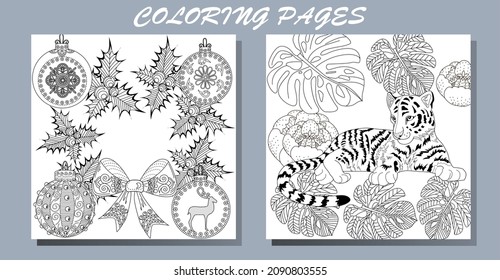 Coloring Pages. Doodle style new year coloring book. Happy new year 2022. Year of the tiger.  Antistress freehand sketch drawing with doodle and zentangle elements.