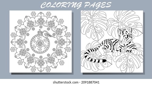 Coloring Pages. Doodle style new year coloring book. Happy new year 2022. Year of the tiger.  Antistress freehand sketch drawing with doodle and zentangle elements.