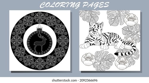 Coloring Pages. Doodle style new year coloring book. Happy new year 2022. Year of the tiger.  Antistress freehand sketch drawing with doodle and zentangle elements.