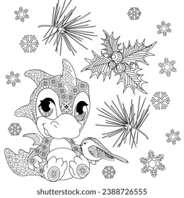 Coloring Pages. Doodle style new year coloring book. Happy new year 2024. Year of the dragon.  Antistress freehand sketch drawing with doodle and zentangle elements.