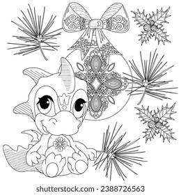 Coloring Pages. Doodle style new year coloring book. Happy new year 2024. Year of the dragon.  Antistress freehand sketch drawing with doodle and zentangle elements.