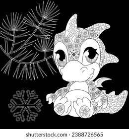 Coloring Pages. Doodle style new year coloring book. Happy new year 2024. Year of the dragon.  Antistress freehand sketch drawing with doodle and zentangle elements.