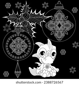 Coloring Pages. Doodle style new year coloring book. Happy new year 2024. Year of the dragon.  Antistress freehand sketch drawing with doodle and zentangle elements.