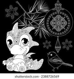 Coloring Pages. Doodle style new year coloring book. Happy new year 2024. Year of the dragon.  Antistress freehand sketch drawing with doodle and zentangle elements.