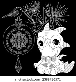 Coloring Pages. Doodle style new year coloring book. Happy new year 2024. Year of the dragon.  Antistress freehand sketch drawing with doodle and zentangle elements.