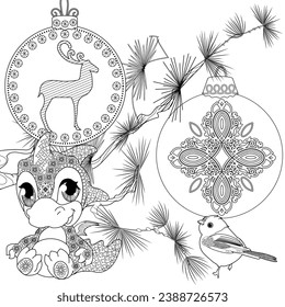 Coloring Pages. Doodle style new year coloring book. Happy new year 2024. Year of the dragon.  Antistress freehand sketch drawing with doodle and zentangle elements.