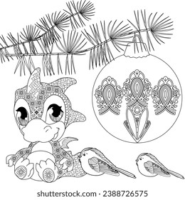 Coloring Pages. Doodle style new year coloring book. Happy new year 2024. Year of the dragon.  Antistress freehand sketch drawing with doodle and zentangle elements.