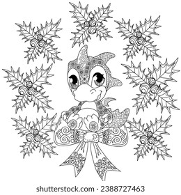 Coloring Pages. Doodle style new year coloring book. Happy new year 2024. Year of the dragon.  Antistress freehand sketch drawing with doodle and zentangle elements.