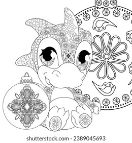 Coloring Pages. Doodle style new year coloring book. Happy new year 2024. Year of the dragon.  Antistress freehand sketch drawing with doodle and zentangle elements.