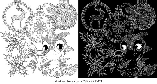 Coloring Pages. Doodle style new year coloring book. Happy new year 2024. Year of the dragon.  Antistress freehand sketch drawing with doodle and zentangle elements.