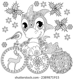 Coloring Pages. Doodle style new year coloring book. Happy new year 2024. Year of the dragon.  Antistress freehand sketch drawing with doodle and zentangle elements.