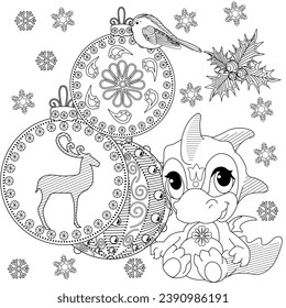 Coloring Pages. Doodle style new year coloring book. Happy new year 2024. Year of the dragon.  Antistress freehand sketch drawing with doodle and zentangle elements.