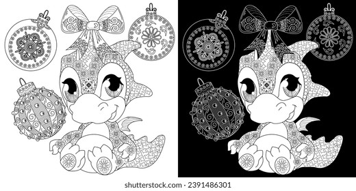 Coloring Pages. Doodle style new year coloring book. Happy new year 2024. Year of the dragon.  Antistress freehand sketch drawing with doodle and zentangle elements.