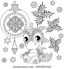 Coloring Pages. Doodle style new year coloring book. Happy new year 2024. Year of the dragon.  Antistress freehand sketch drawing with doodle and zentangle elements.