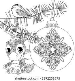 Coloring Pages. Doodle style new year coloring book. Happy new year 2024. Year of the dragon.  Antistress freehand sketch drawing with doodle and zentangle elements.