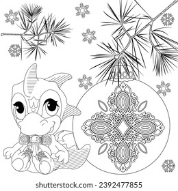 Coloring Pages. Doodle style new year coloring book. Happy new year 2024. Year of the dragon.  Antistress freehand sketch drawing with doodle and zentangle elements.