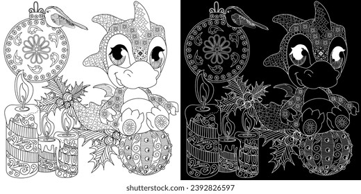 Coloring Pages. Doodle style new year coloring book. Happy new year 2024. Year of the dragon.  Antistress freehand sketch drawing with doodle and zentangle elements.