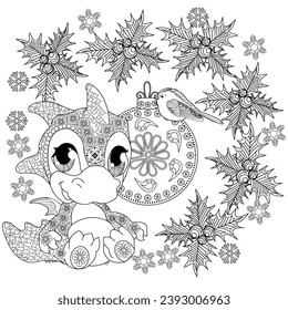 Coloring Pages. Doodle style new year coloring book. Happy new year 2024. Year of the dragon.  Antistress freehand sketch drawing with doodle and zentangle elements.