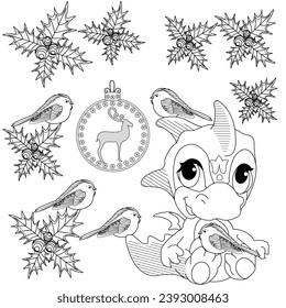 Coloring Pages. Doodle style new year coloring book. Happy new year 2024. Year of the dragon.  Antistress freehand sketch drawing with doodle and zentangle elements.