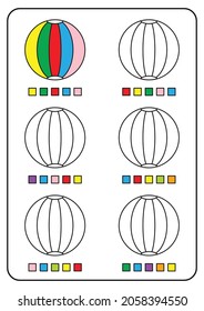 
Coloring pages, educational games for children, preschool activities, printable worksheets. Simple cartoon vector illustration of colorful objects to learn colors. Coloring beach balls.