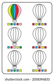 Coloring pages, educational games for children, preschool activities, printable worksheets. Simple cartoon vector illustration of colorful objects to learn colors. Coloring hot air balloons.