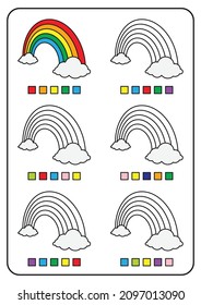 Coloring pages, educational games for children, preschool activities, printable worksheets. Simple cartoon vector illustration of colorful objects to learn colors. Coloring the rainbow.