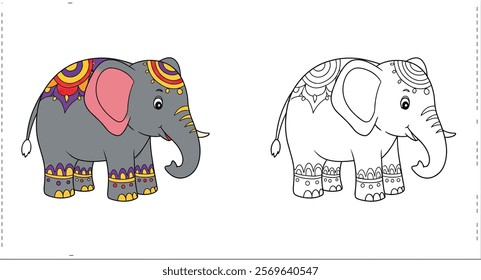 Coloring Pages of Elephants With Different Patterns and Colors on Transparent background.