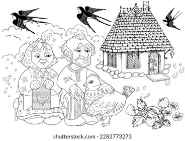 Coloring pages. fairy tale about the old man and the old woman. Illustration for children.