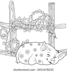 Coloring pages. Fairy tale. Cute pig is sleeping. Coloring book. Illustrations for children. Funny characters
