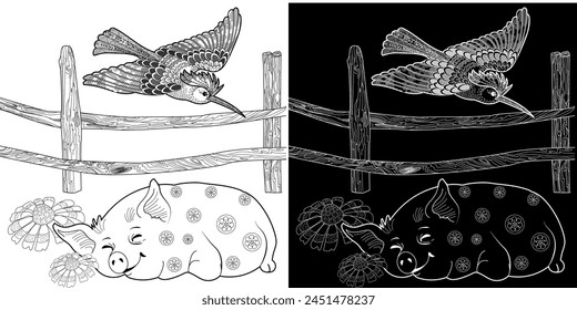 Coloring pages. Fairy tale. Cute pig is sleeping. Coloring book. Illustrations for children. Funny characters
