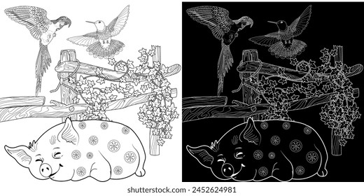 Coloring pages. Fairy tale. Cute pig is sleeping. Coloring book. Illustrations for children. Funny characters
