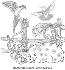 Coloring pages. Fairy tale. Cute pig is sleeping. Coloring book. Illustrations for children. Funny characters
