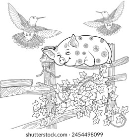 Coloring pages. Fairy tale. Cute pig is sleeping. Coloring book. Illustrations for children. Funny characters
