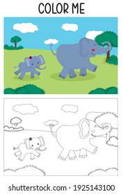 Coloring Pages. А family of elephants for a walk