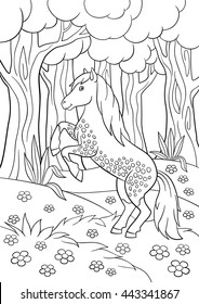 Coloring pages. Farm animals. Beautiful horse in the forest.