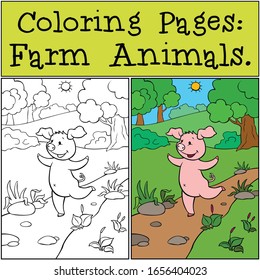 Coloring Pages: Farm Animals. A cute little pig runs along the road and laughs.