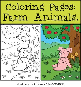 Coloring Pages: Farm Animals. Cute little pig sitting near a tree on the grass and smiling.